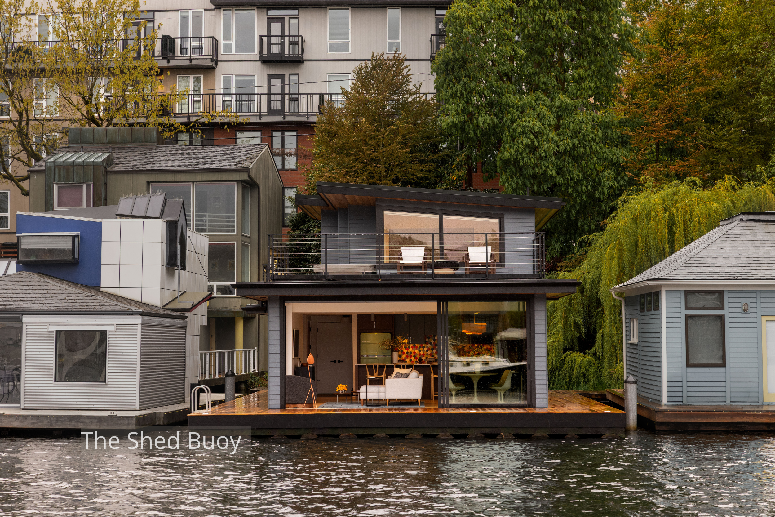 Designed for life on the water, the Rauch floating home pairs clean Northwest contemporary architecture with expansive glazing, generous outdoor living spaces, and deep roof overhangs. Every design decision responds thoughtfully to the waterfront set