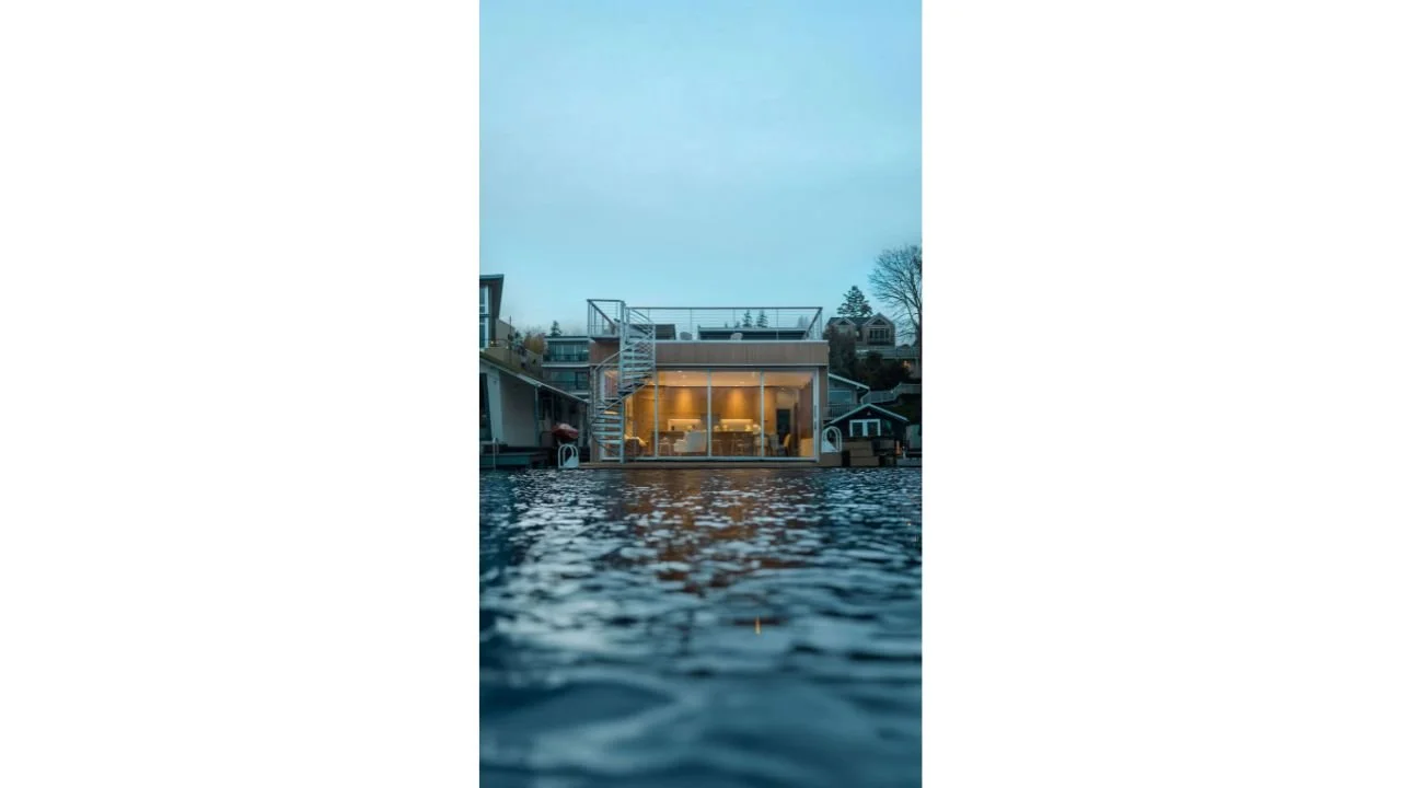 Exterior view of the Furhman Floating Home from the water at dusk, showing the home’s glowing interior and contemporary waterfront form. The architecture combines warm modern design with a strong connection to Portage Bay.