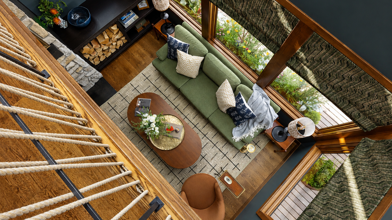 Nesika Chuck Floating Home | Seattle, WA

Top-down view highlighting open-concept living, custom wood stair railings, and seamless indoor–outdoor flow in this modern floating home
