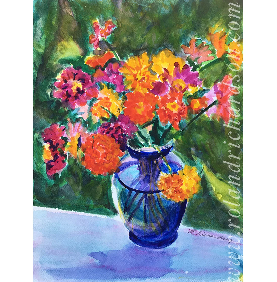 Zinnias in Cobalt Vase II  15.75 x 11.75  $850wmwm.JPG