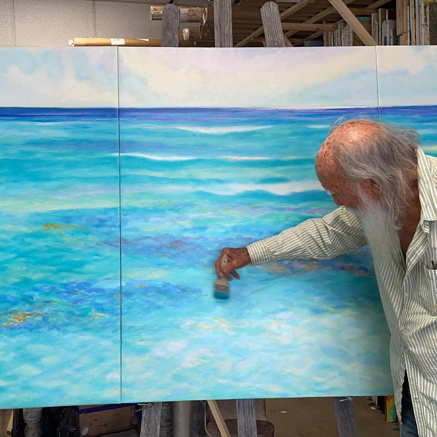 &ldquo;Mesmeric Wavelettes on Turquoise Sea&rdquo; by Sir Roland Richardson, 48&rdquo; x 100&rdquo; original oil on canvas, June 2021, Photo series of Roland&rsquo;s finishing touches on his stunning triptych commission. Isn&rsquo;t it time to add so