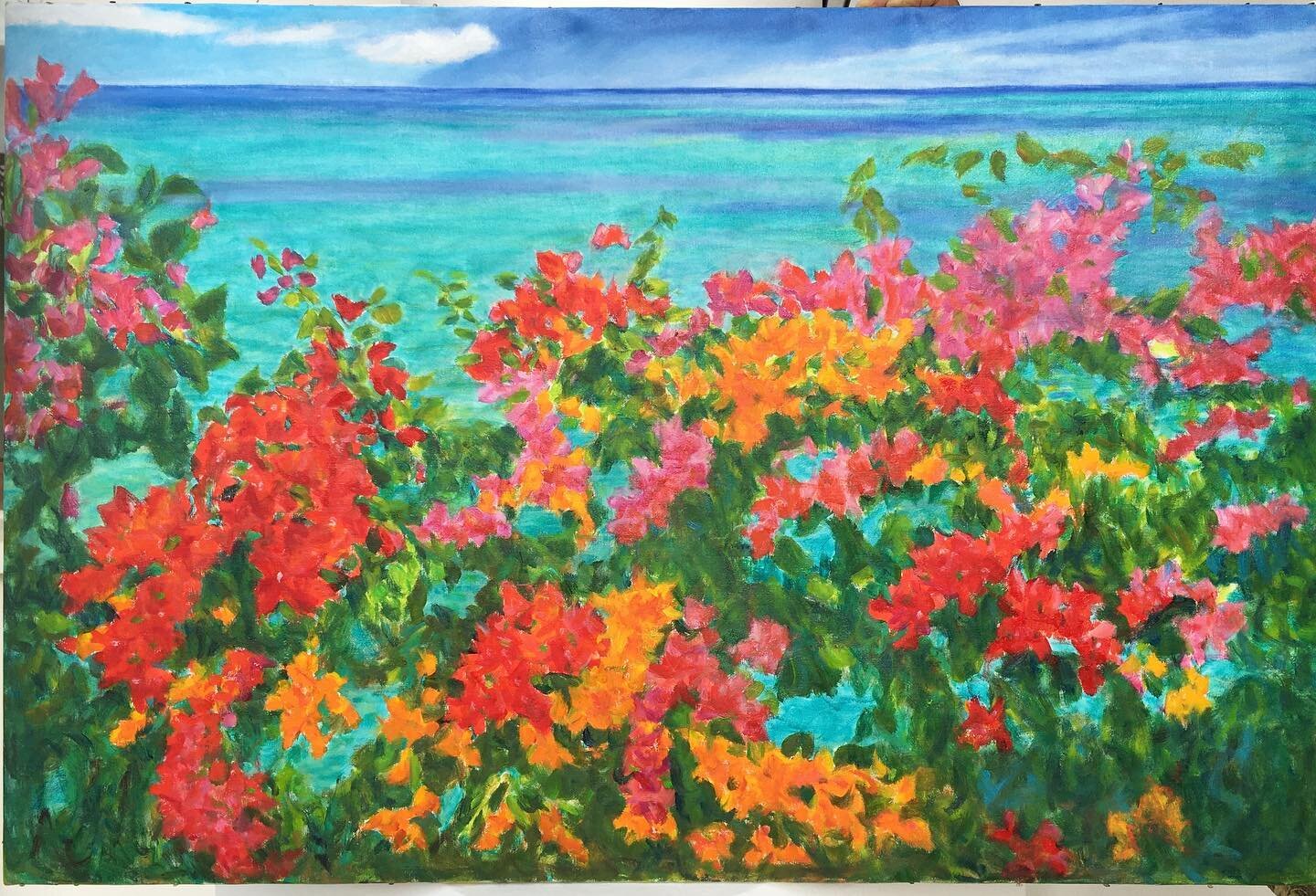 New Debut! 
Sir Roland Richardson Exhibition at Belmond La Samanna, &ldquo;Spring Squall with Brilliant Bougainvillea, Baie Longue&rdquo;, February 2021, 32&rdquo; x 45&rdquo; original oil painted directly from life. Spring is the season for Bougainv