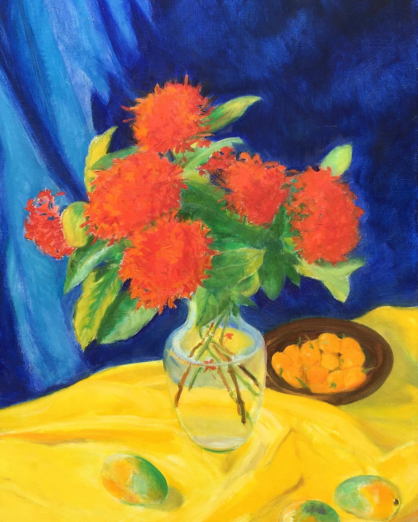 Ixora Bouquet in Primary with Mangoes and Kumquats by Sir Roland Richardson, Caribbean Impressionist, painting beauty from life, www.rolandrichardson.com. #rolandrichardsonartgallery #caribbean #caribbeanart #pleinairpainting #stilllife #exotic #stma