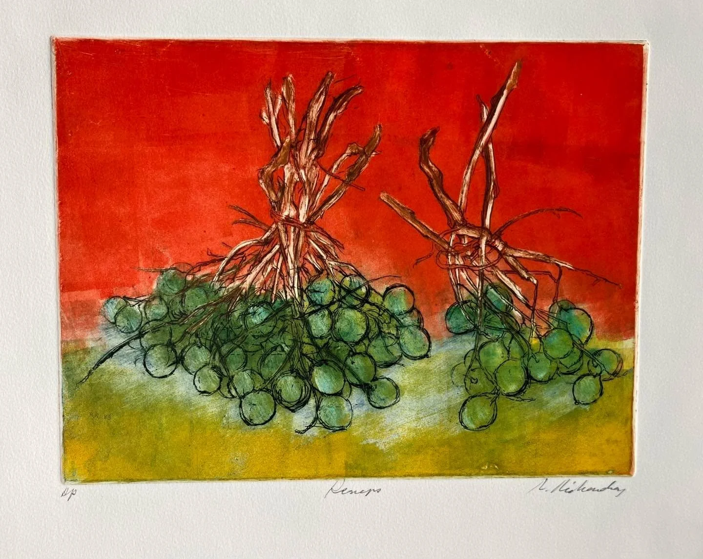 &ldquo;Keneps&rdquo;
by Sir Roland Richardson,
On exhibition at the Marco Island Center for the Arts, FL, 
Hand-pulled color etching, dated 1990.
 &ldquo;This exotic fruit is family of the lychee but less known.  Each fruit is filled with a savor of 