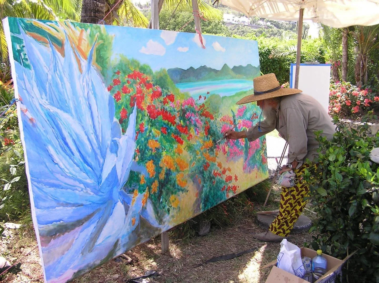 Rainbow Bougainvillea Overlooking Marigot Harbor, 10 foot original oil on canvas - Paradise painted en Plein Air - Saint Martin with Sir Roland Richardson - Enjoy the journey! www.rolandrichardson.com #BelmondLaSamanna #FrenchWestIndies #SaintMartin 