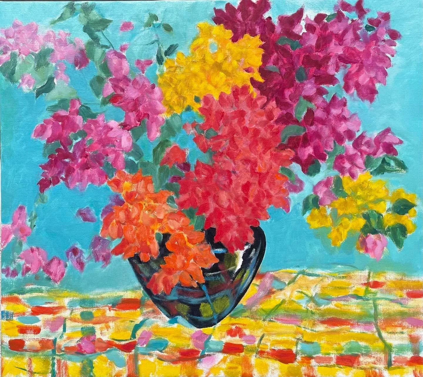 &ldquo;Rainbow Bougainvillea Bouquet on Yellow Madras&rdquo; by Sir Roland Richardson on exhibition in Naples, Florida! 
Welcoming the New Year filled to the brim with Joy and Beauty!
www.rolandrichardson.com
#rolandrichardsonart #rainbow bougainvill
