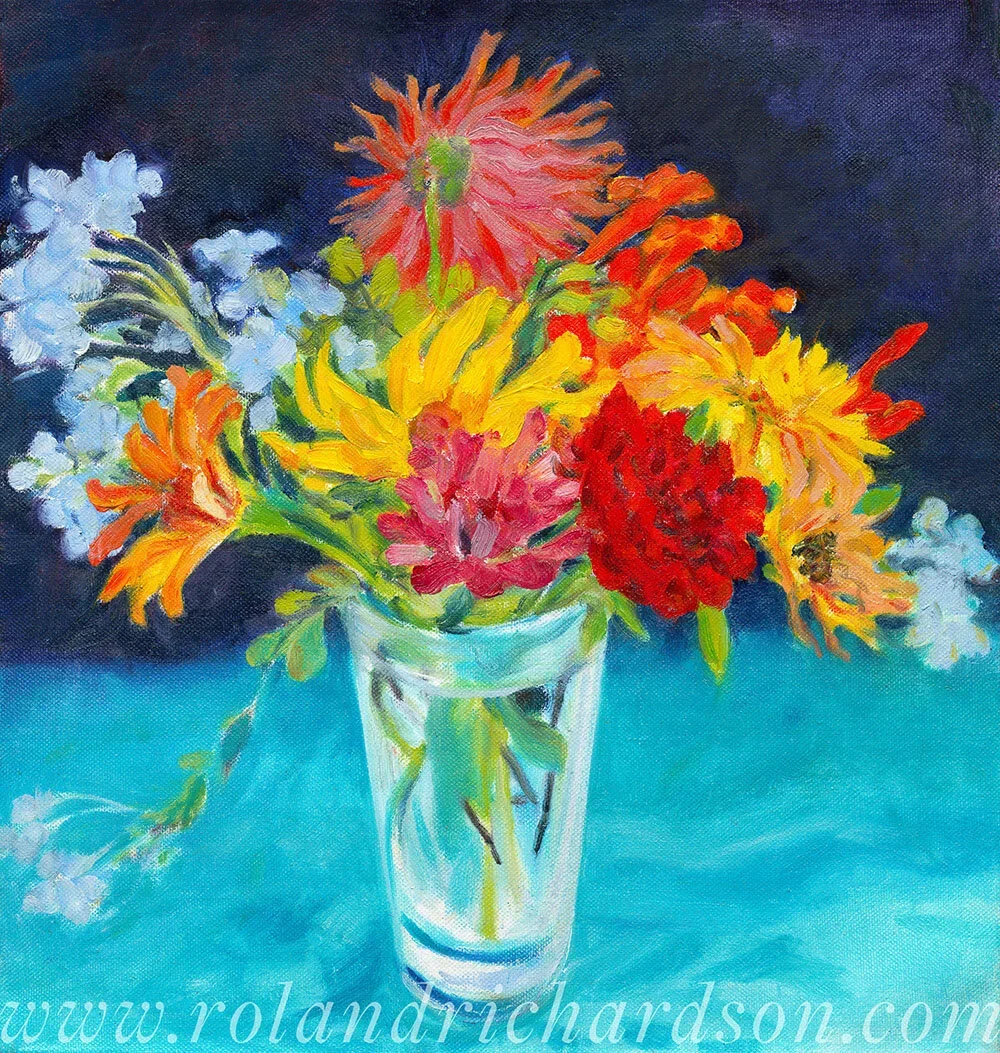 Zinnia Bouquet on Turquoise Cloth