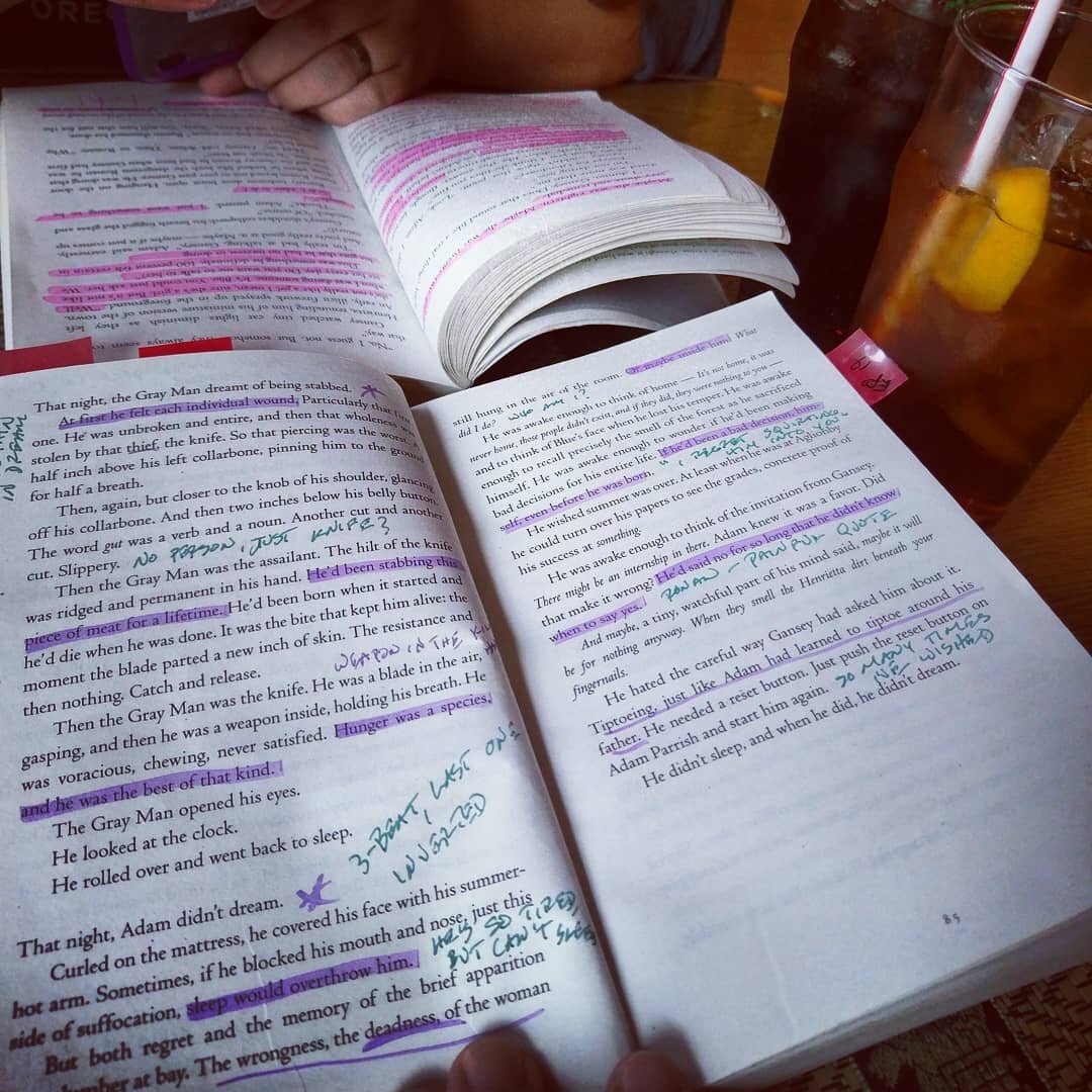 Lunch prep before recording Episode 18, covering Chapters 8-11 of The Dream Thieves! We had to laugh at our highlighted books. XD #theravencycle #podcast #ravingirls #dreamthieves