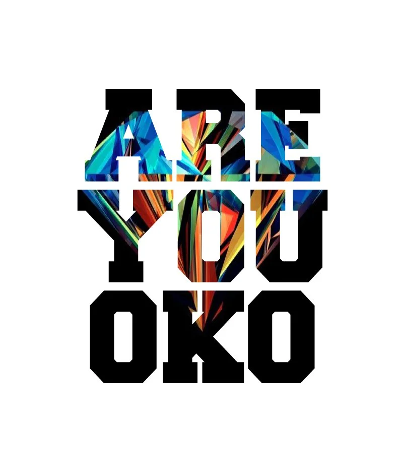 Text that reads "ARE YOU OK?" with a colorful, geometric, abstract background inside the letters on a white background.