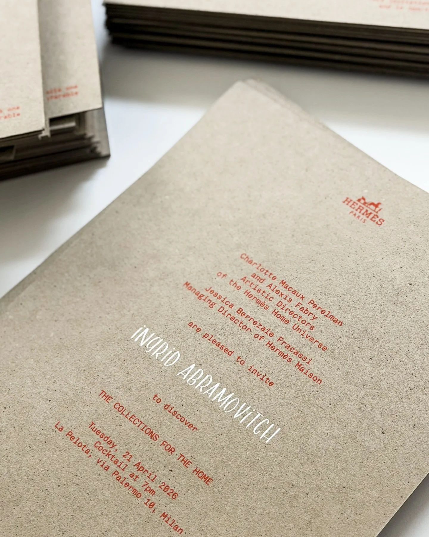 Invitations for @hermes last month ✍🏼 Herm&egrave;s has chosen this one of my styles for the past few years for this event and it&rsquo;s so fun to see it out in the wild 🧡 also so fun to see others of my clients on the invite list!!