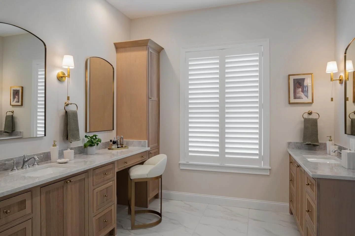 With his and hers sinks and a vanity area, this bathroom quickly becomes a favorite spot in the house! Soft, warm colors and plenty of storage! 
.
.
.
#cincinnaticustomcabinetry #masterbathroom #transitionaldesign