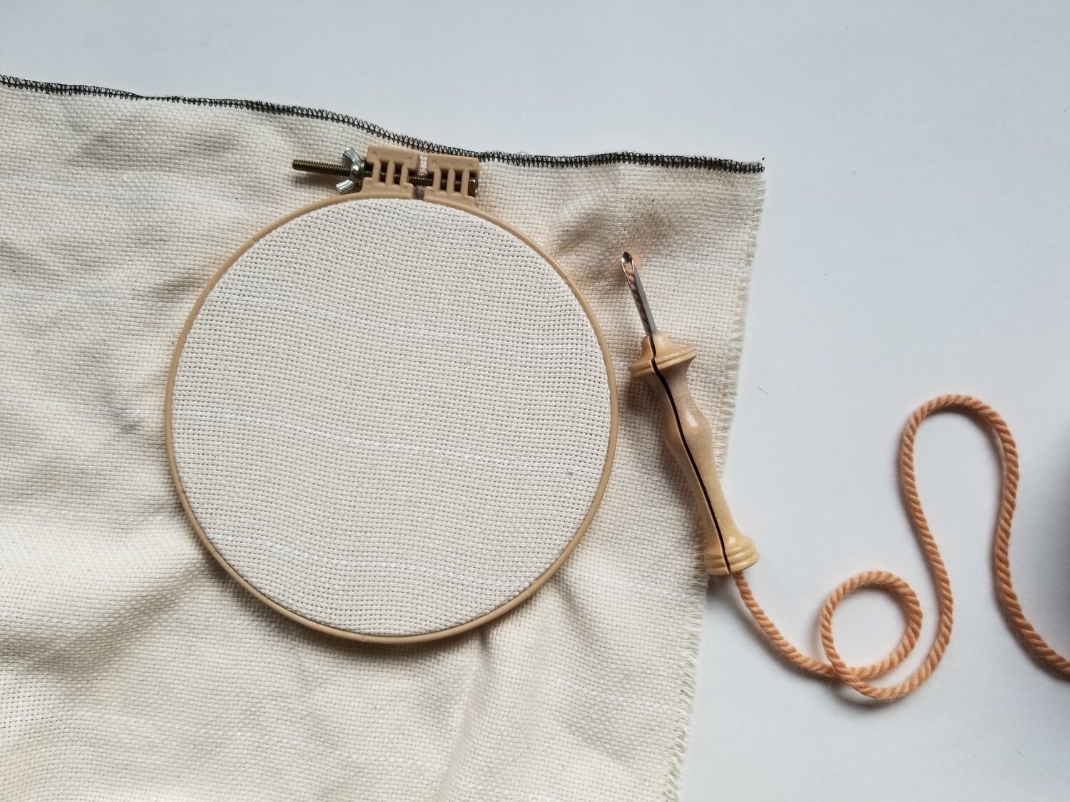 No slip embroidery hoop, prepped with monkscloth.