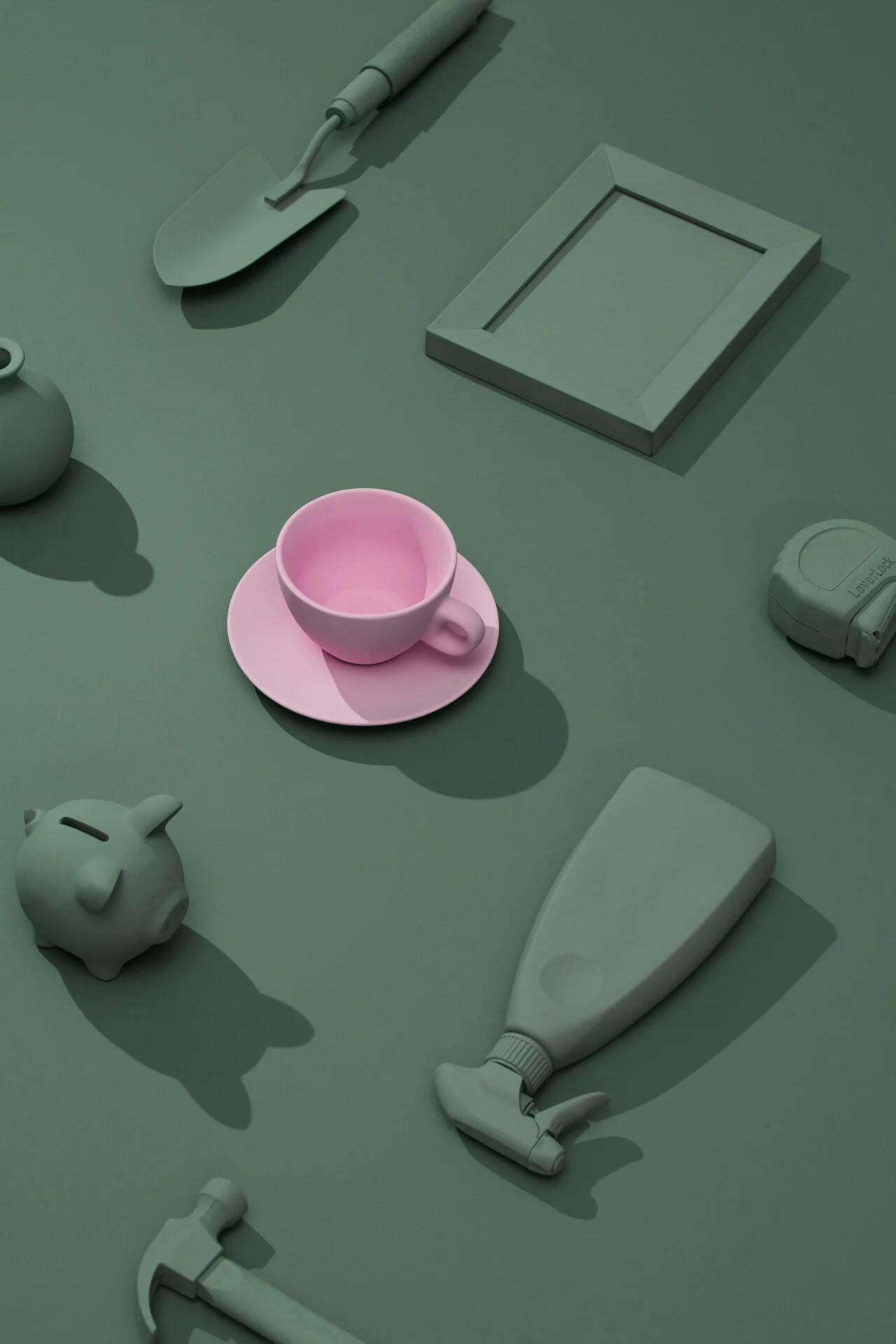 Flatlay in studio painted props pink mug green photography hard shadows