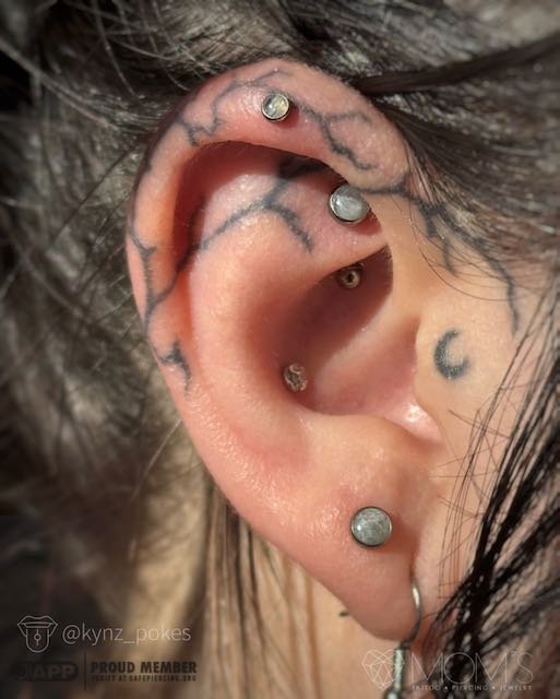 Horizontal Crest, Rook, Conch, and Lobe Piercing