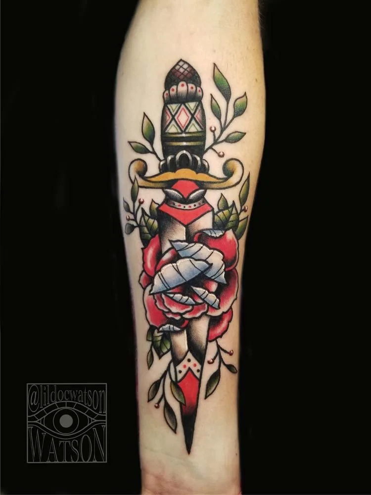 Traditional Dagger and Rose Tattoo
