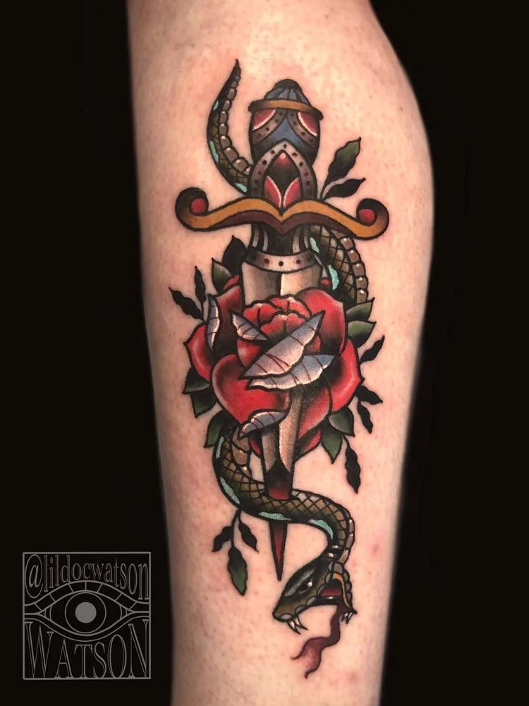 Traditional Dagger and Snake Tattoo