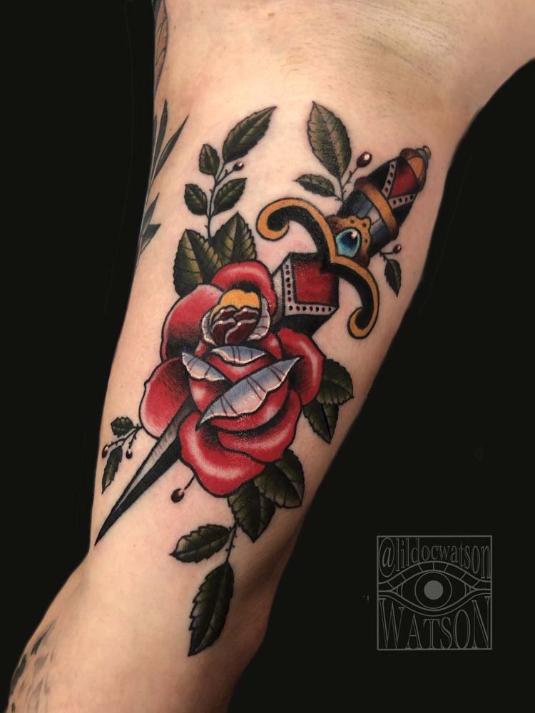 Traditional Rose & Dagger Tattoo