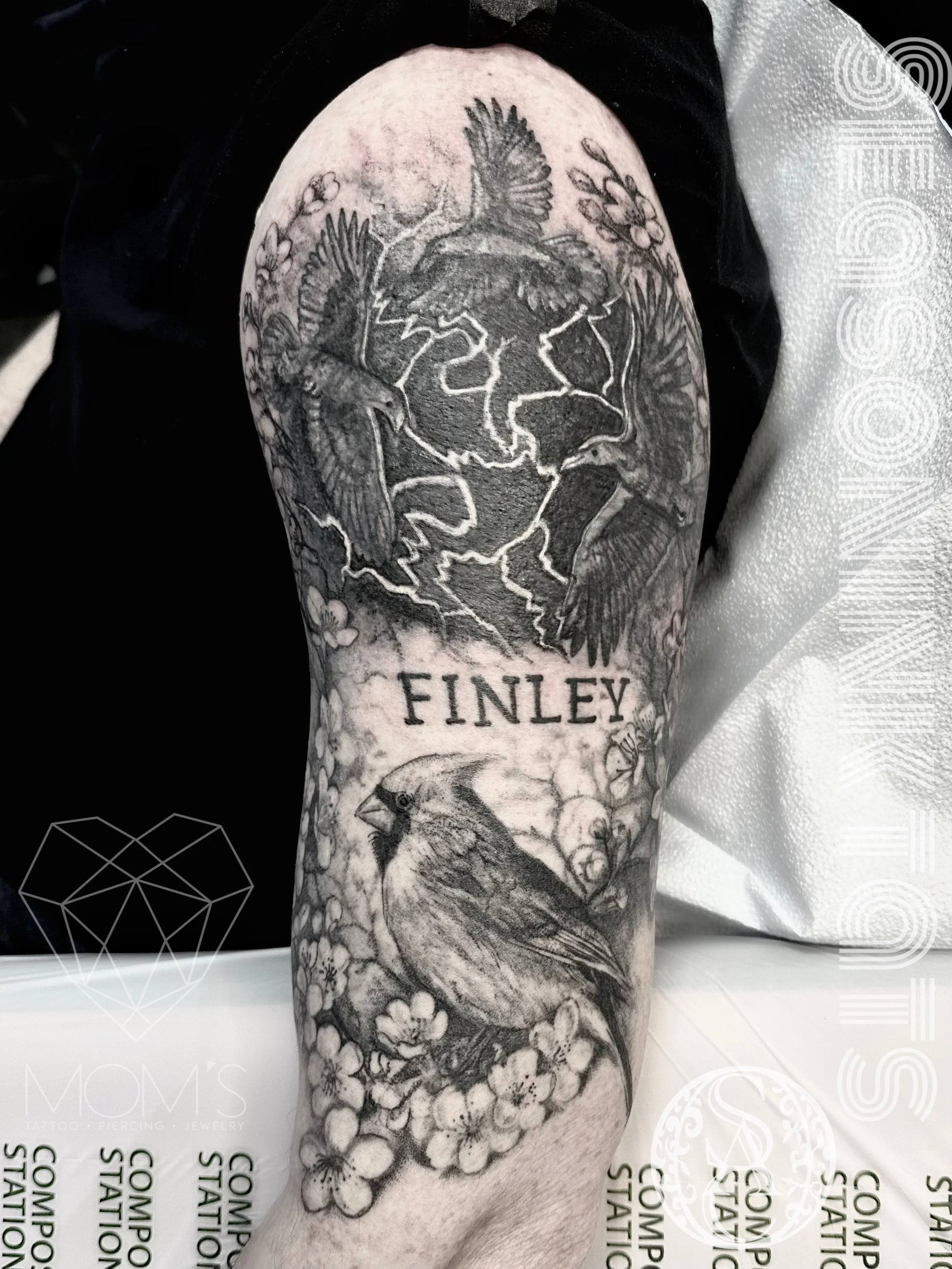 Black and grey bird and floral coverup