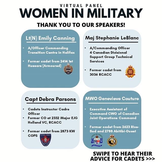 #WomenInMilitary Panel &bull; 17 June 2020⁣
⁣
For our last training night, we hosted a virtual panel, Women in Military. ⁣
⁣
Cadets from @2784ggfg and @2332rcacc had the opportunity to ask questions to our panelists about their experiences in the CAF