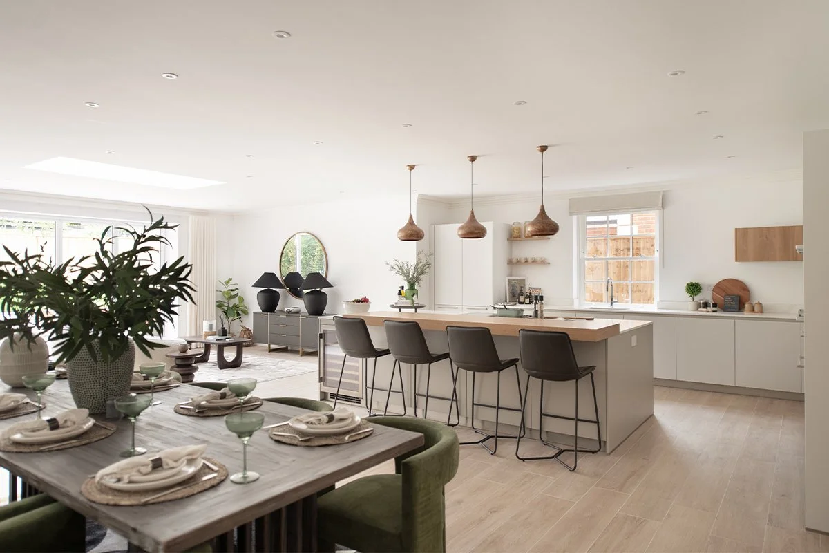 Light bright white kitchen and dining space