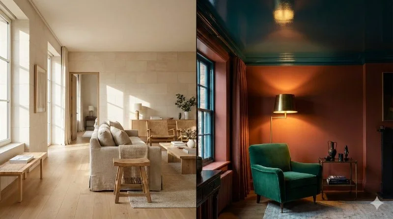 Two different styles of home neutral and colourful