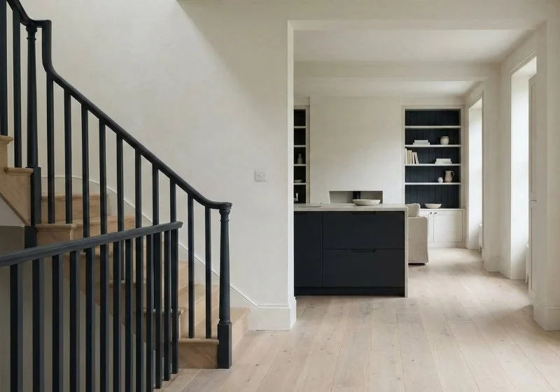 View of a staircase, kitchen island and bookcase with the same colour accent
