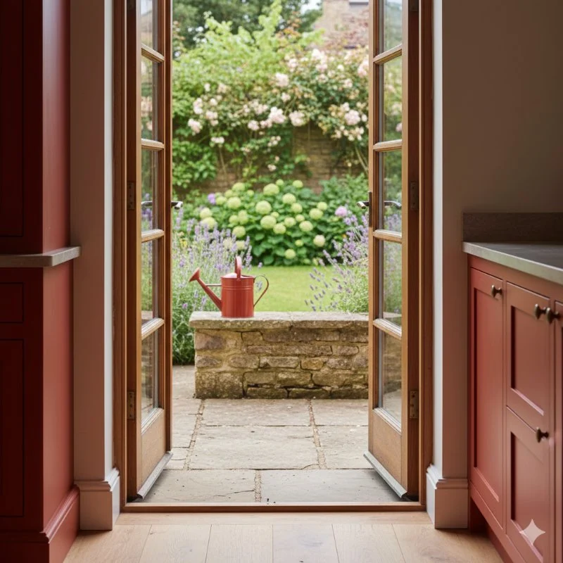 A view through patio doors into a garden with a painted watering can