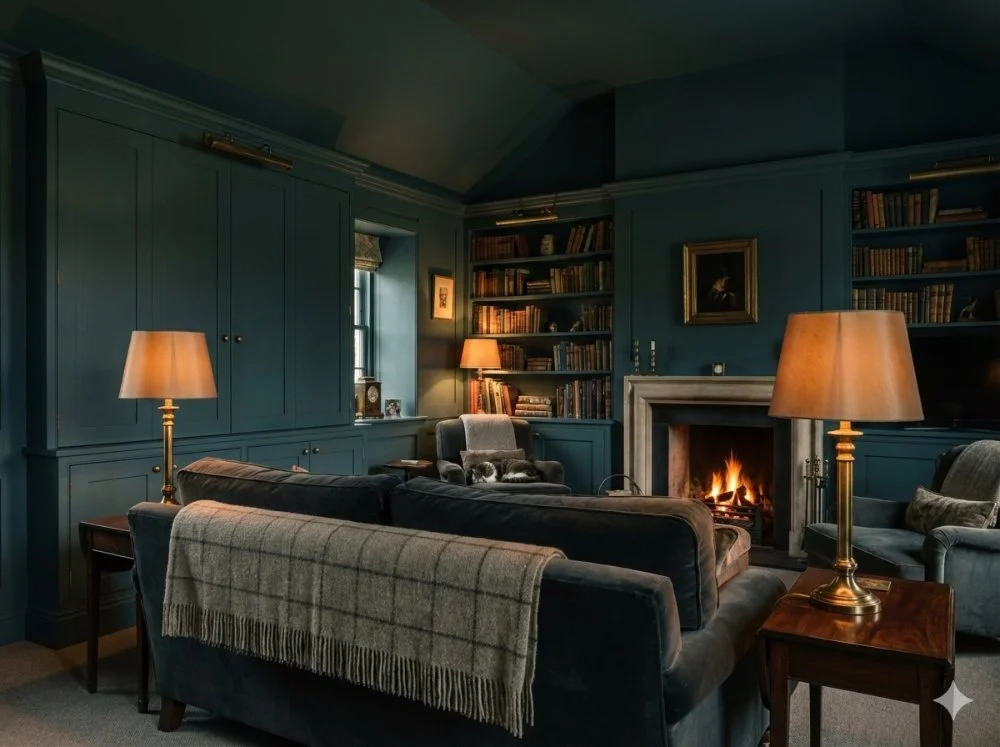 Dark living room painted to create a cocoon effect