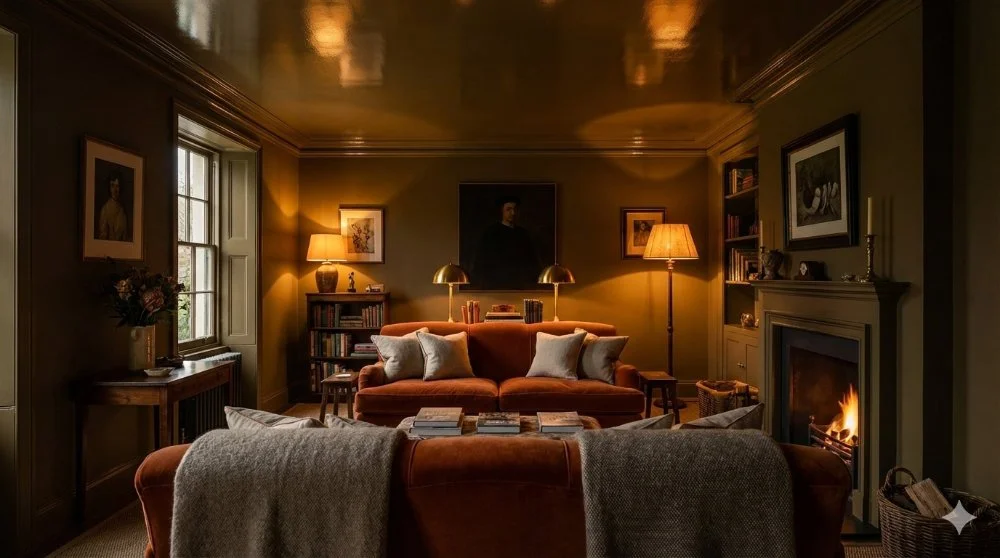 Dark lounge with reflective gloss paint ceiling