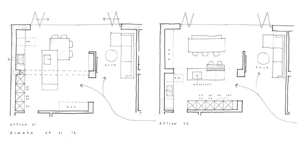 Sketch design plans of a kitchen showing footflow