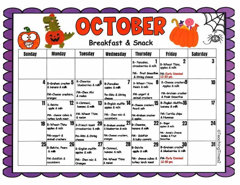 October 2026 Breakfast & Snack Menu