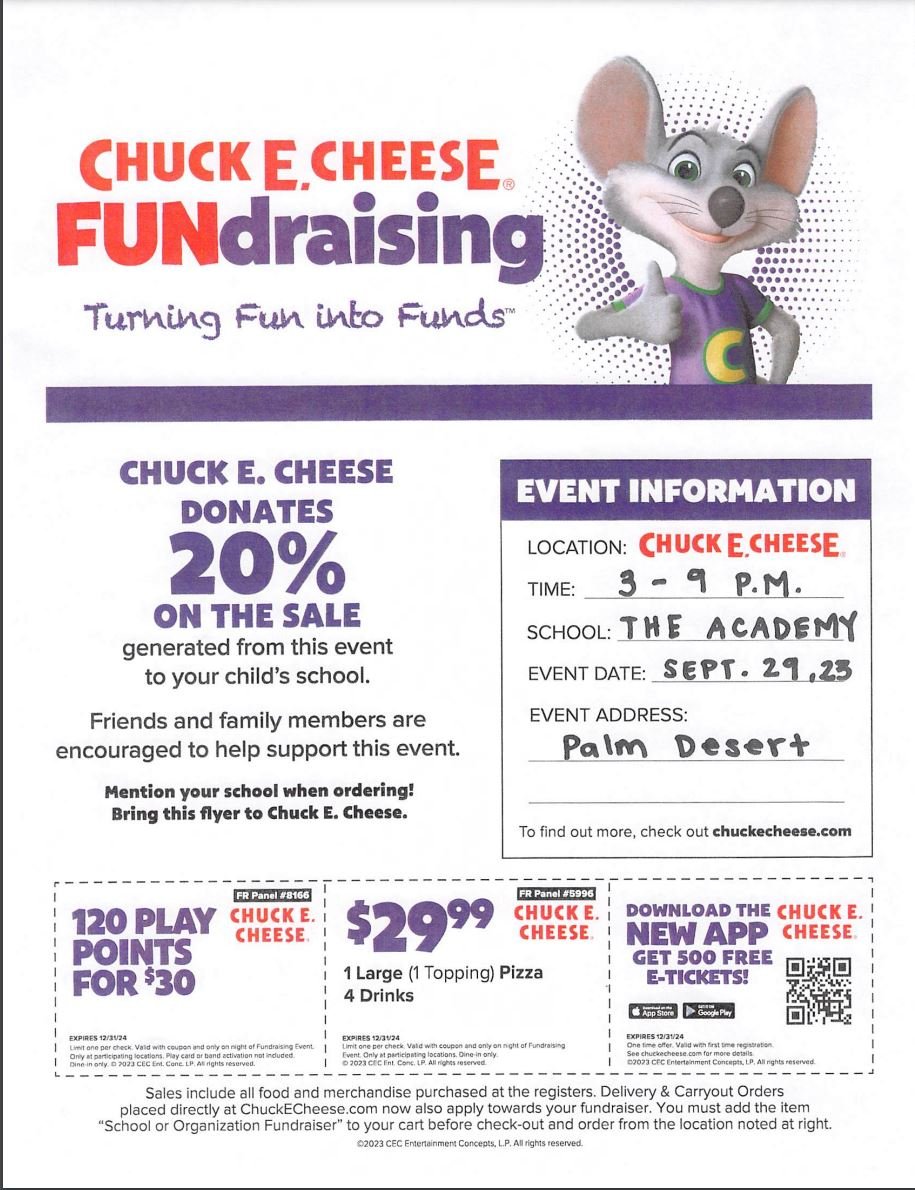 Chuck-E-Cheese Fundraiser — The Academy Palm Desert Preschool and ...