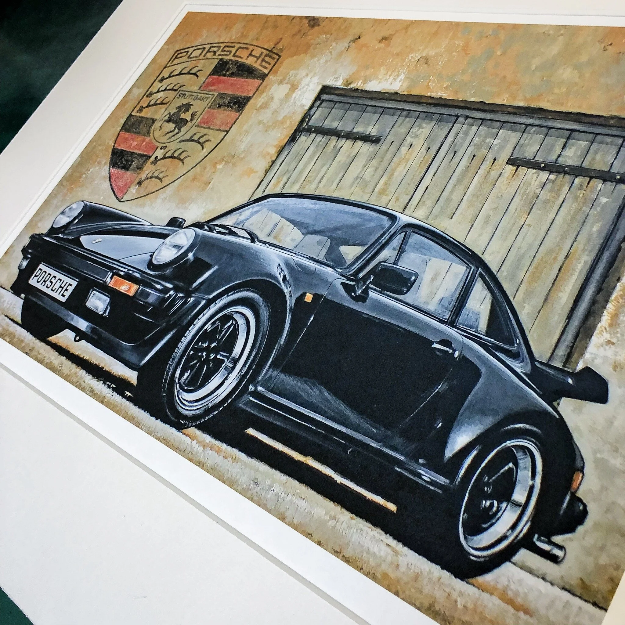 Limited edition mounted print of a black Porsche 911.