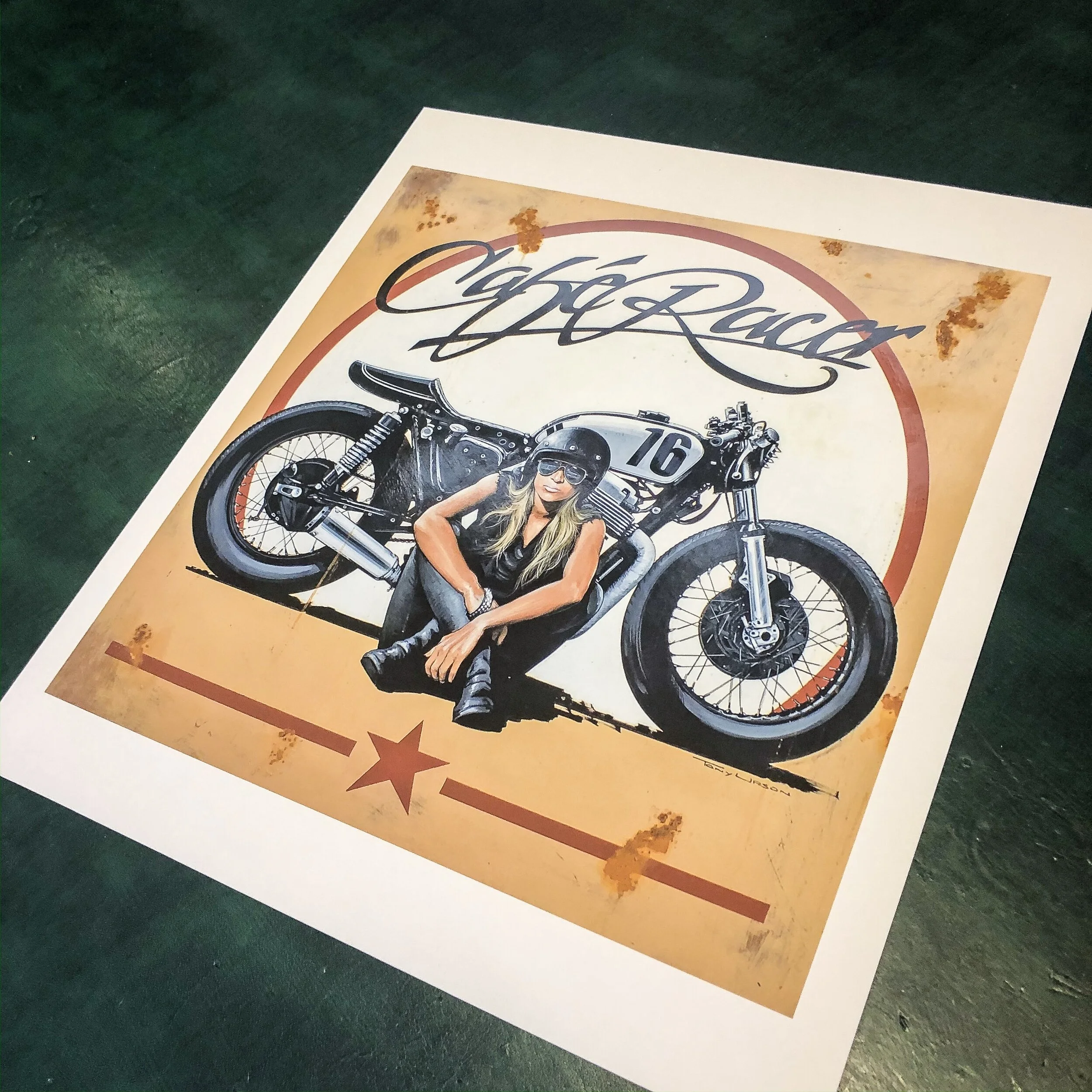 Limited Edition Print Of A Cafe Racer With Model