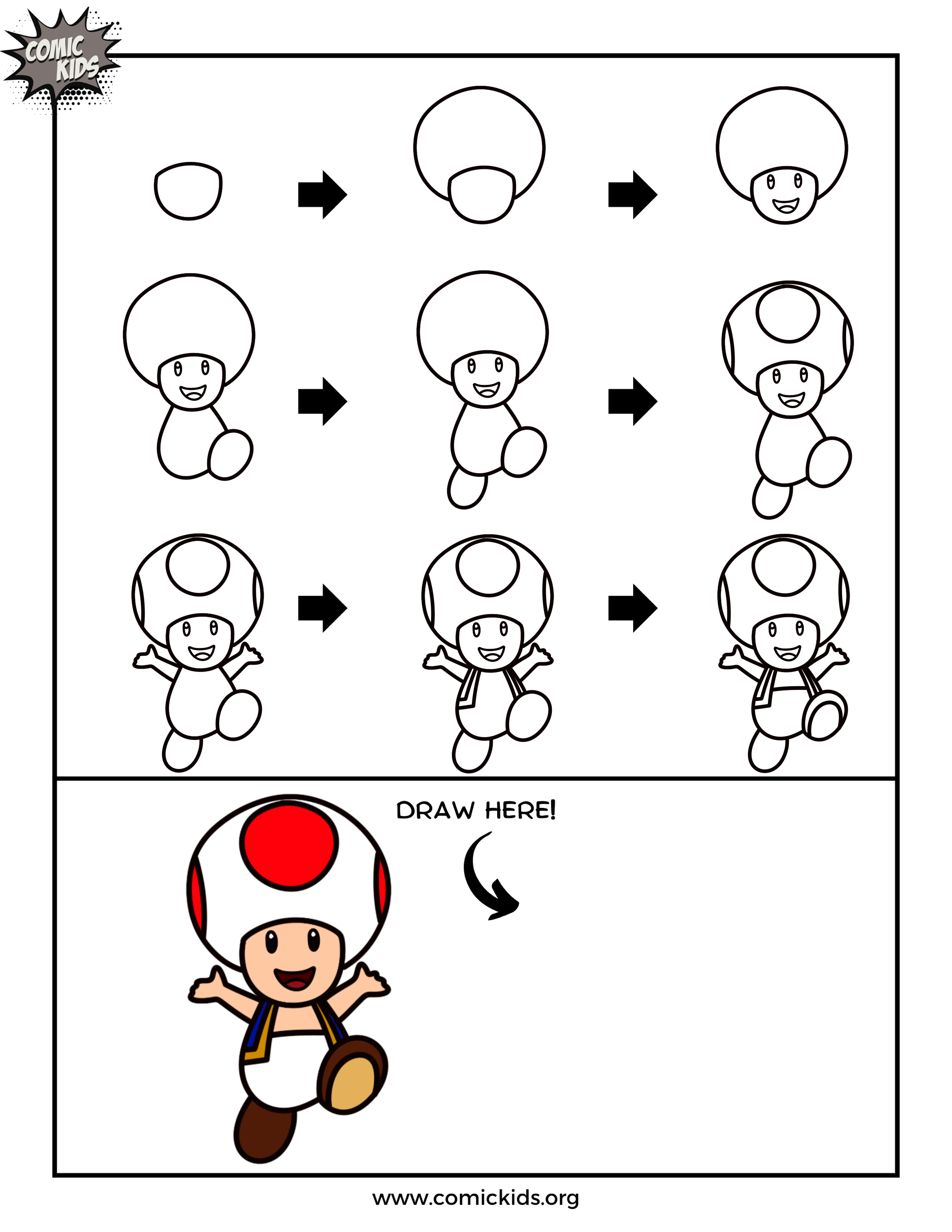 how to draw toad from super Mario bros guided drawing free
