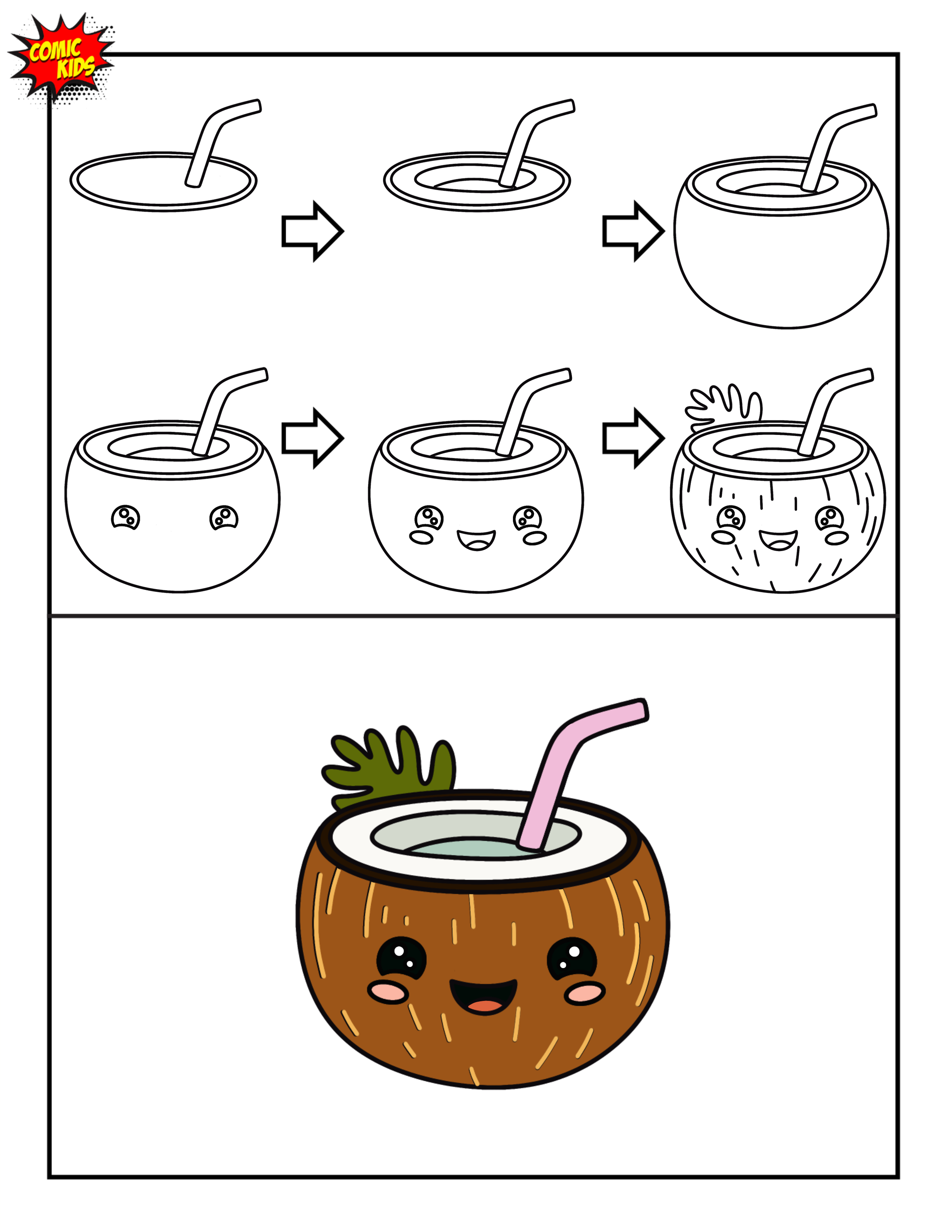 How to draw a cute coconut drink step by step free art for kids