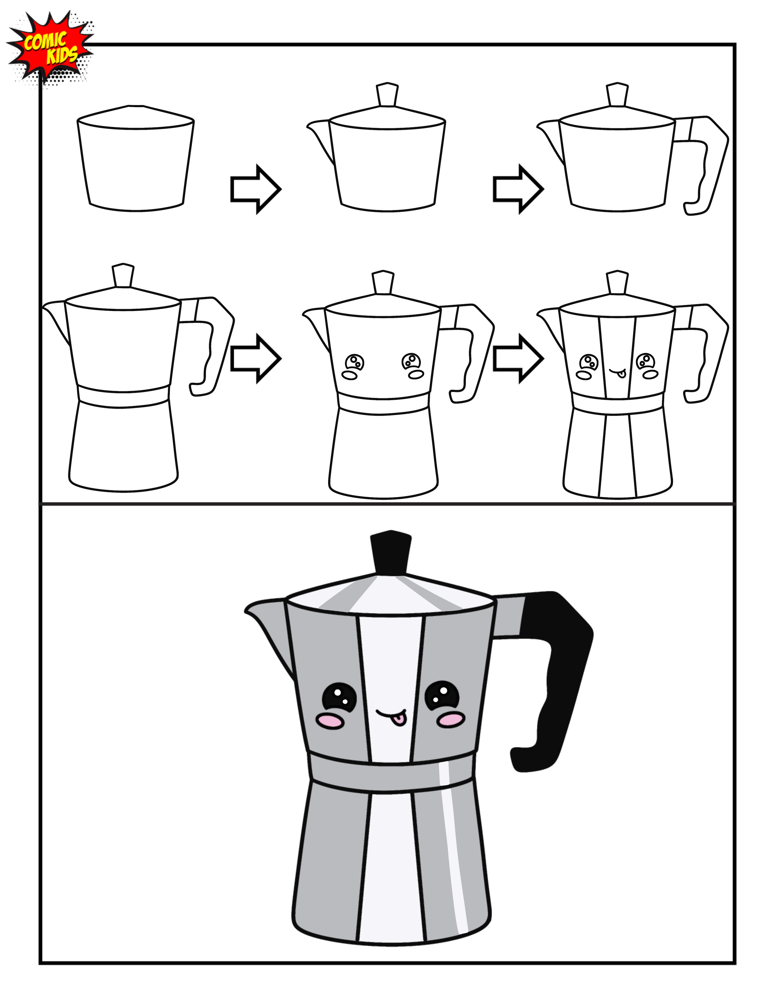 How to draw a cute kawaii espresso maker step by step free art for kids