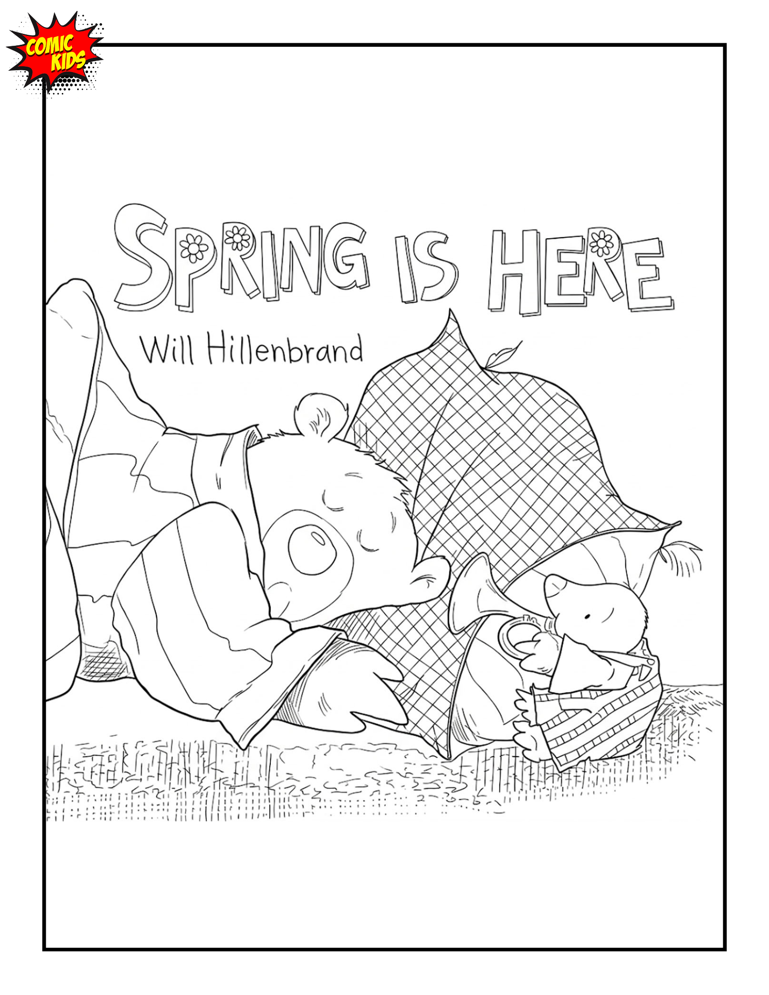 Spring is here book free coloring page for kids 