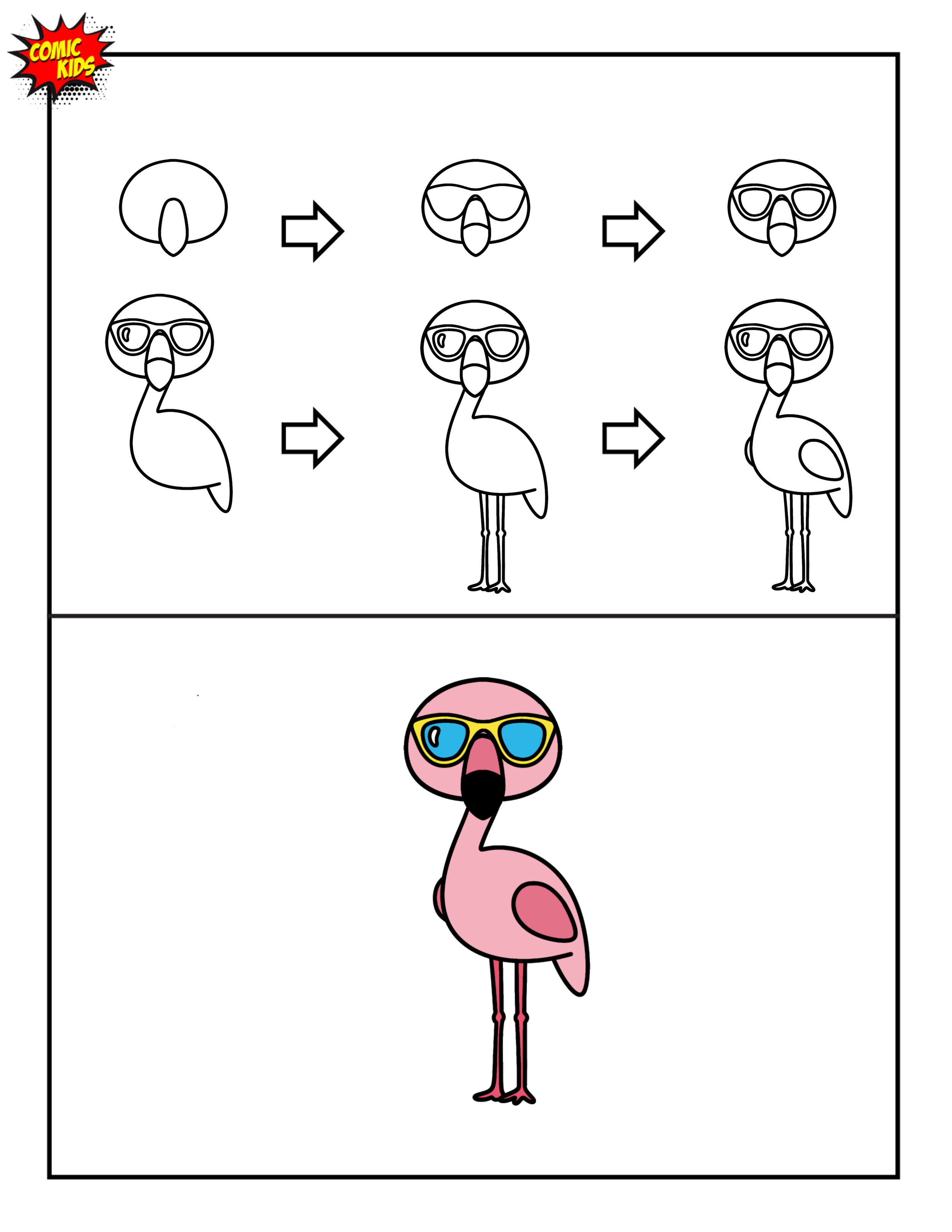 How to draw a cute kawaii flamingo with sun glasses step by step free art for kids