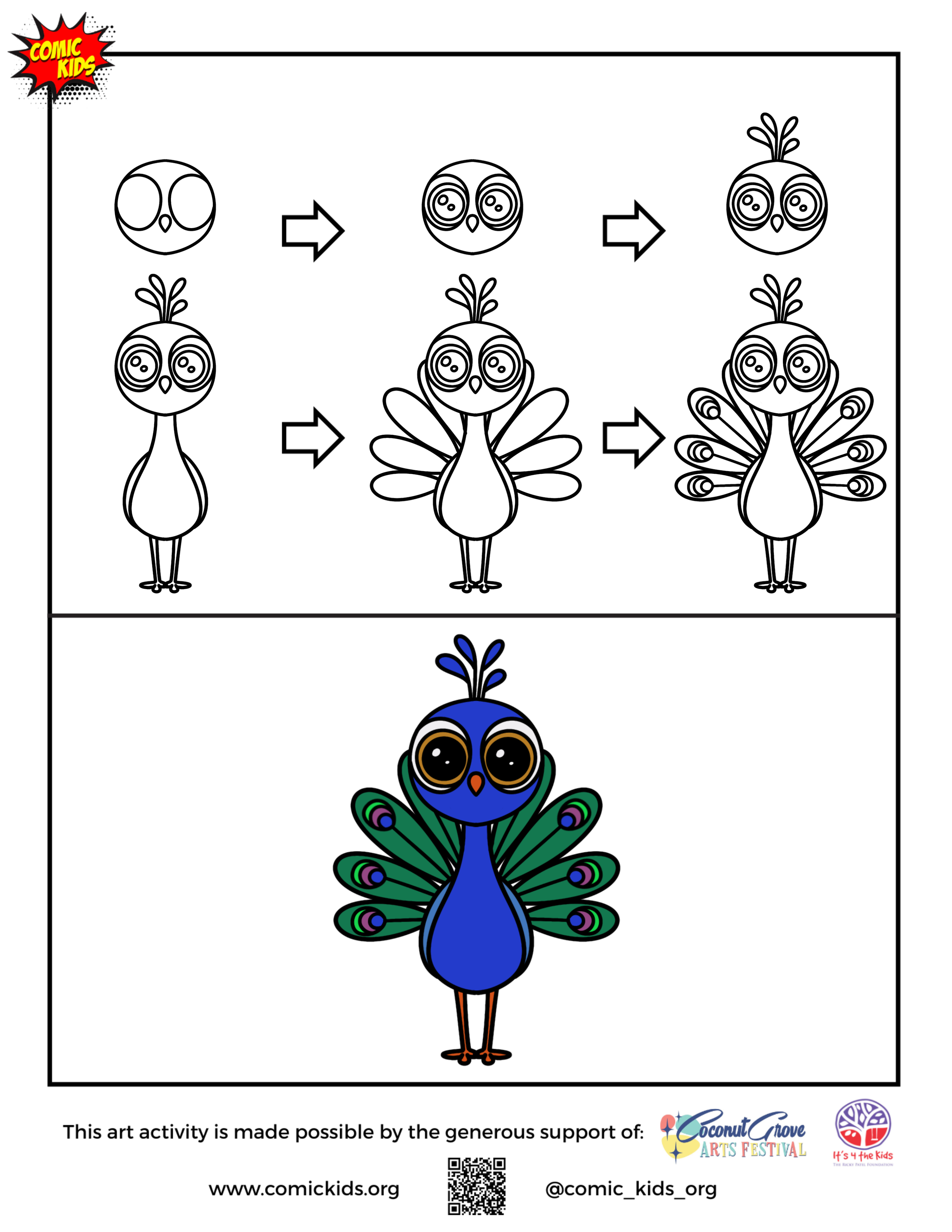 how to draw a cute peacock guided drawing for kids 
