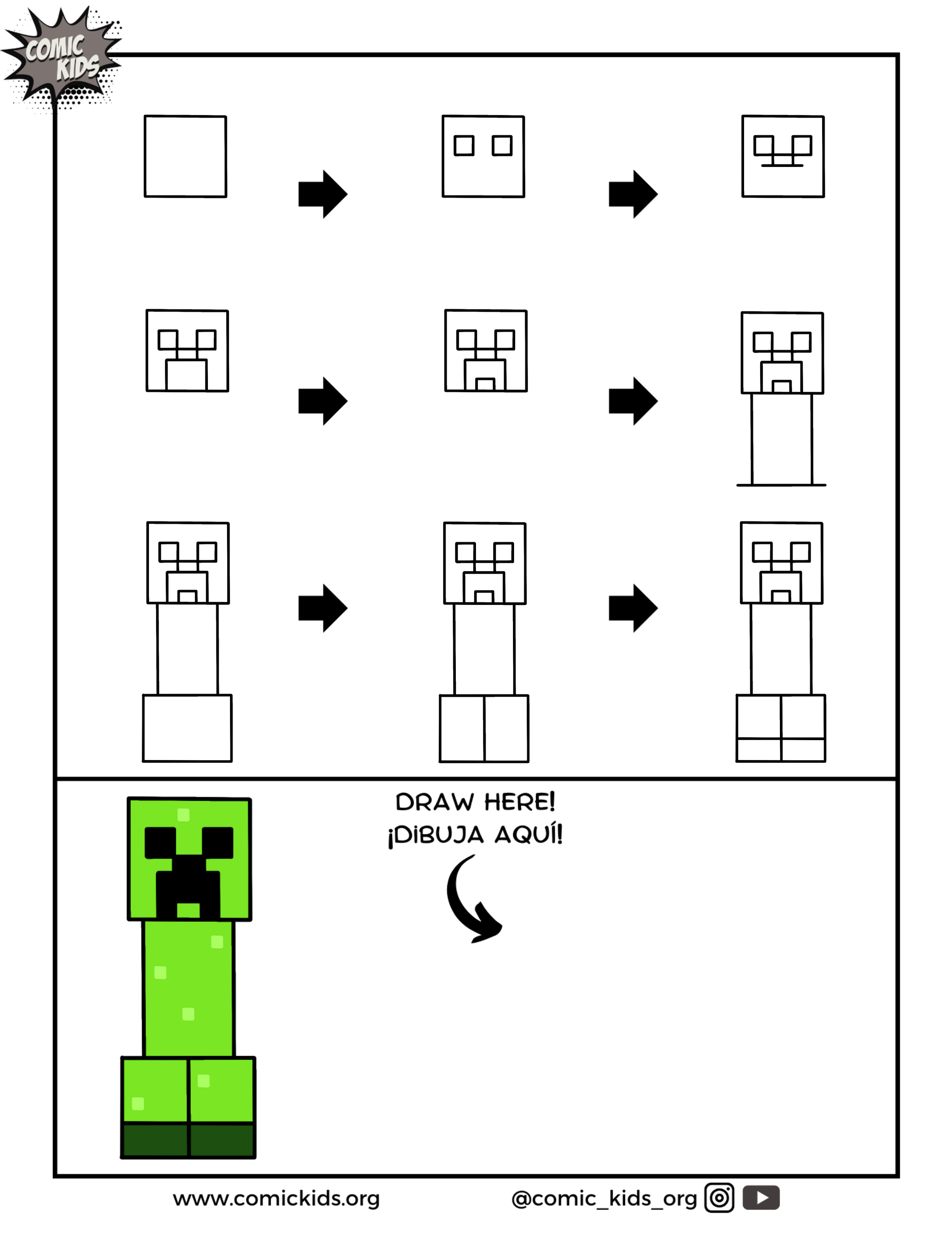 how to draw creeper from Minecraft free guided drawing 