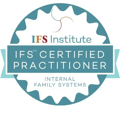 Certification badge for IFS Institute Certified Practitioner in Internal Family Systems showing a gear-like border with the IFS Institute logo and text.