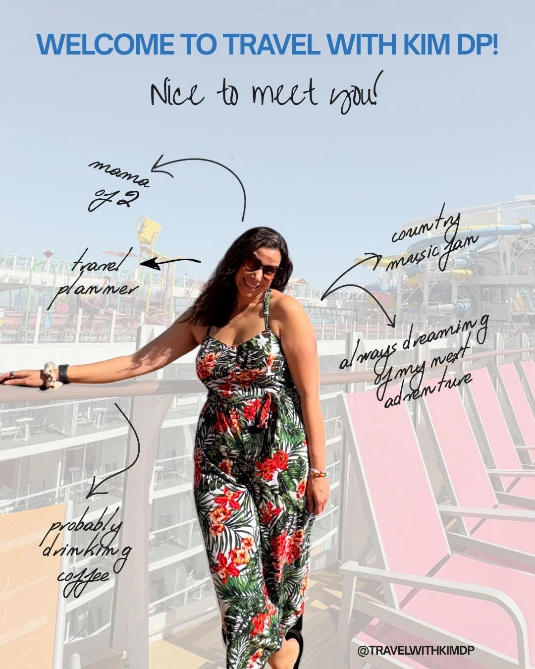 Hi! I&rsquo;m Kim!! Welcome to Travel with Kim DP ✈️✨ 

If you&rsquo;re new here, I&rsquo;m so glad you found me! I&rsquo;m a mama of two boys, coffee lover, country music fan and a lifelong travel lover who was booking my own trips to Disney (and so