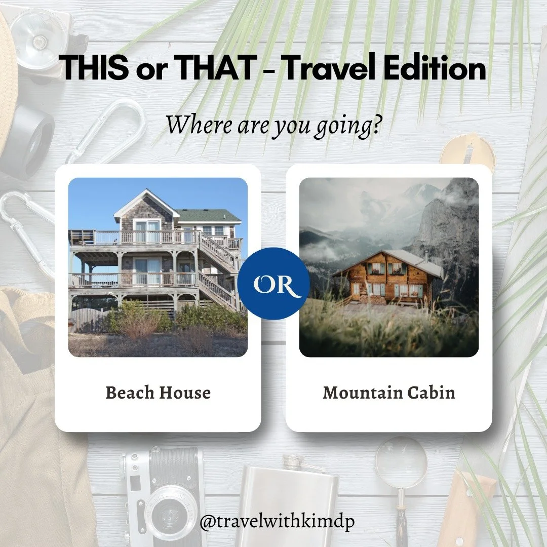 This or That Wednesday - Travel Edition! 

Where are you going? Beach House 🏖️ or Mountain Cabin? 🏔️ 

Tell me in the comments!

#thisorthat #vacationfun #travelplanner #travelfun #vacationideas