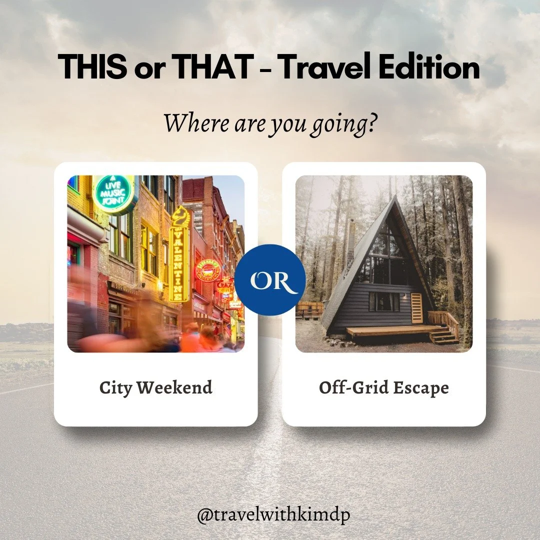 This OR That Wednesday - Travel Edition - Part 2

Where are you going?

City Weekend 🌆 or Off-Grid Escape?🌲 

#cityorcountry #offgrid #cabininthewoods #travelfun #thisorthat