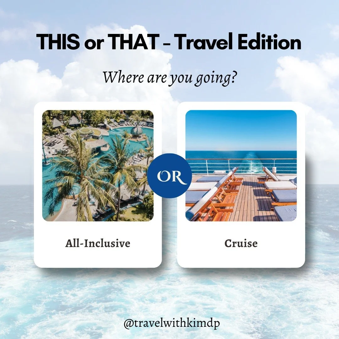This OR That Wednesday - Back again because it's just so much fun!

Which one are you choosing?

All-Inclusive 🏝️ or Cruise? 🚢 

Share in the comments!

#cruiseorallinclusive #thisorthat #travelfun #travelwednesday #familytravel