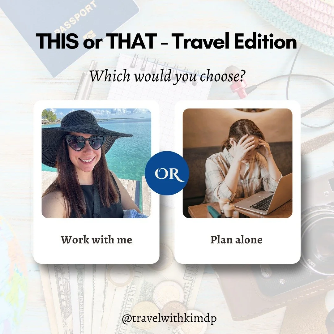 It's our FINAL - This OR That Wednesday! ✈️ 

Which would you choose? Work with me 😊 or plan alone? 😭 

Sure, you CAN do all the research and book a vacation yourself, but I know you are busy and don&rsquo;t have the time to do that! Plus, you are 