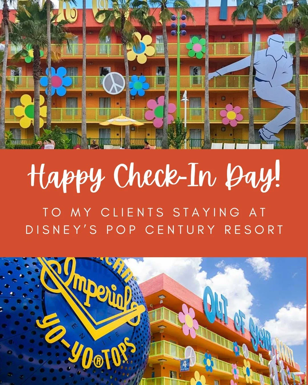 Happy Check-In Day to my clients staying at Disney's Pop Century Resort at WDW! Good luck at the Wine and Dine Half Marathon tomorrow! 🏃&zwj;♀️ 

#goldgellgetaways #clientcheckin #wineanddinehalfmarathon #waltdisneyworld #travelplanner