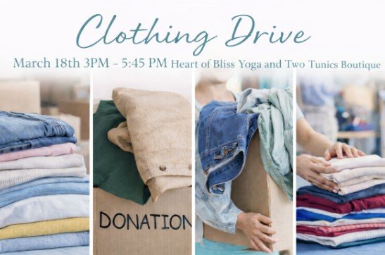 As the season shifts and we begin our spring cleaning, it's a beautiful time to share what we no longer need. 

Heart of Bliss Yoga is partnering with Two Tunics Boutique, a local nonprofit serving women in need in Chester County. 

We will be collec