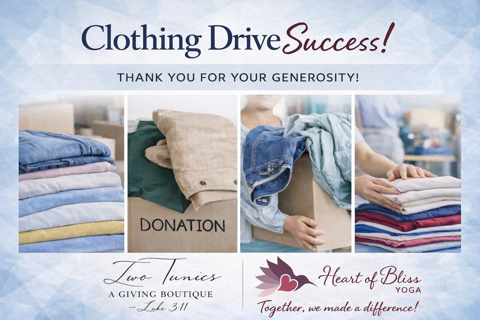 Clothing Drive Success !!!!!

Our hearts are so full.

Because of this incredible community, what began as a simple invitation to give became something so much more&mdash;an outpouring of generosity, care, and connection.

So many of you went beyond 